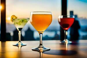 three glasses of different drinks on a table. AI-Generated photo