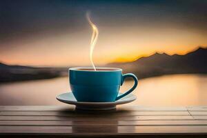 a cup of coffee on a wooden table with a view of the sunset. AI-Generated photo