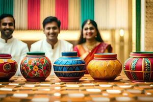 a couple posing with colorful pots on a table. AI-Generated photo