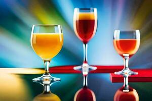 three glasses of orange juice and orange juice on a table. AI-Generated photo