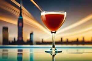 a glass of red wine sitting on a table in front of a city skyline. AI-Generated photo