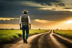 a man in a hat walks down a dirt road. AI-Generated photo