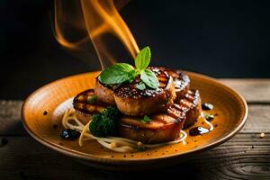 grilled pork chops on a plate with sauce and herbs. AI-Generated photo