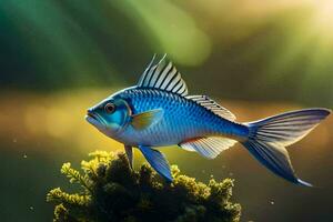 a blue fish is standing on top of a mossy plant. AI-Generated photo