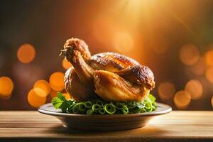 a roasted chicken on a plate with a green salad. AI-Generated photo