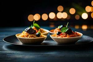 three bowls of food on a table. AI-Generated photo