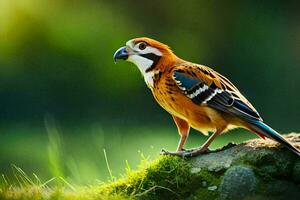 un pájaro es en pie en un rock en el césped. generado por ai foto