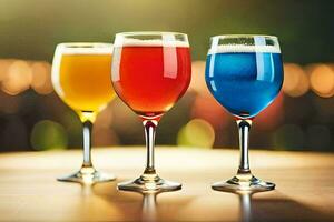 three glasses of different colored drinks on a table. AI-Generated photo