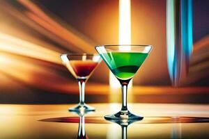 two martinis on a table with a blurred background. AI-Generated photo