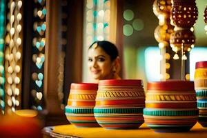 a woman in a colorful dress sitting in front of colorful pots. AI-Generated photo