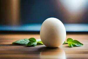 an egg on a table with leaves. AI-Generated photo