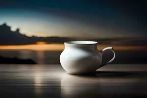 a coffee cup sits on a table in front of the ocean. AI-Generated photo