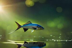 un pescado es flotante en el agua con luz de sol brillante en él. generado por ai foto