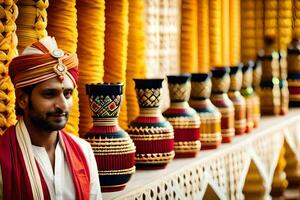 a man in a turban standing next to vases. AI-Generated photo