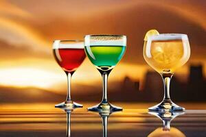 three glasses of different colored drinks on a table. AI-Generated photo