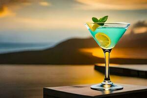 blue cocktail with lemon and mint on the edge of a table. AI-Generated photo