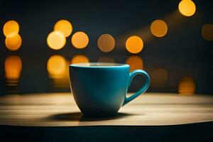 a blue coffee cup sits on a table in front of a blurred background of lights. AI-Generated photo