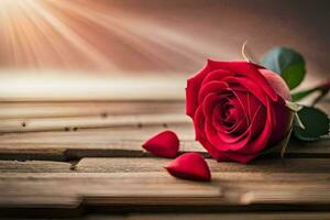 a single red rose on a wooden table. AI-Generated photo