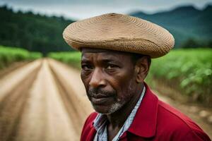 a man wearing a straw hat stands in a dirt road. AI-Generated photo