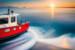 un rojo barco de viaje en el Oceano a puesta de sol. generado por ai foto