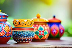 colorful ceramic pots on a table. AI-Generated photo