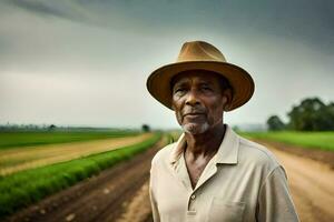 a man in a hat standing in a field. AI-Generated photo