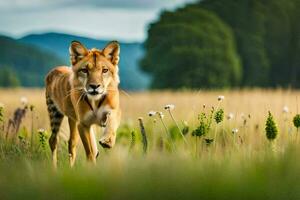 a dingo is walking through a field of flowers. AI-Generated photo