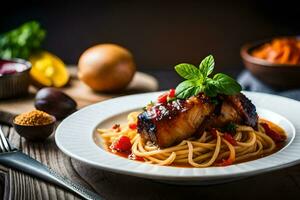 the dish is served with a fork and knife. AI-Generated photo