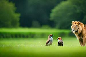 un león y dos aves en un campo. generado por ai foto