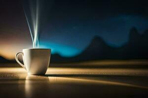 un taza de café en un mesa con un azul cielo. generado por ai foto