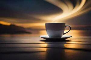 a cup of coffee on a table with a sunset in the background. AI-Generated photo