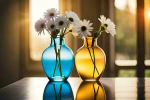 two vases with white flowers in them on a table. AI-Generated photo