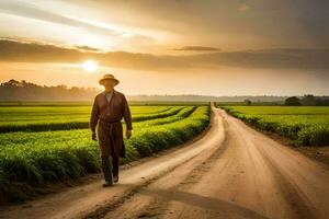 a man walking down a dirt road in a rice field. AI-Generated photo