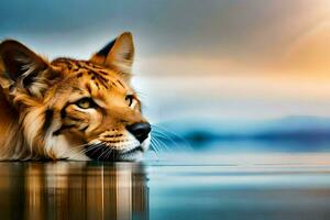 a lion is laying in the water at sunset. AI-Generated photo