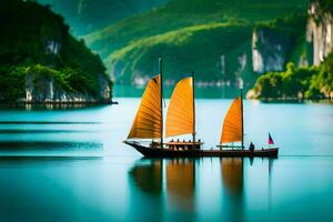 a boat with yellow sails sailing in the water. AI-Generated photo