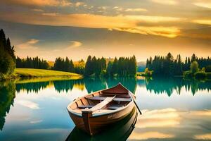 un barco es flotante en el calma aguas de un lago. generado por ai foto