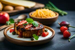 A la parrilla filete con Tomates y queso en un de madera lámina. generado por ai foto