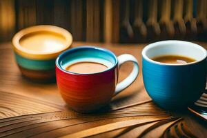 two colorful coffee cups sit on a wooden table. AI-Generated photo