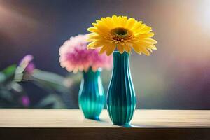 two vases with flowers on a table. AI-Generated photo