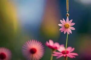 pink flowers hanging from a chain with a blurry background. AI-Generated photo