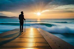 a man standing on a pier looking at the ocean at sunset. AI-Generated photo