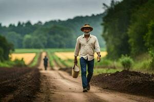 a man walking down a dirt road with a bucket. AI-Generated photo