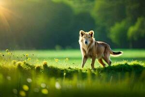 a dog is walking in a field with dandelions. AI-Generated photo