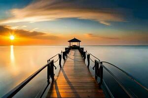 a pier leads to the ocean at sunset. AI-Generated photo