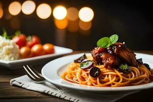 spaghetti with meat and tomato sauce on a plate. AI-Generated photo