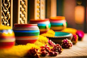 colorful pots and bowls sit on a table. AI-Generated photo