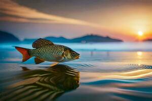 a fish is standing on the beach at sunset. AI-Generated photo