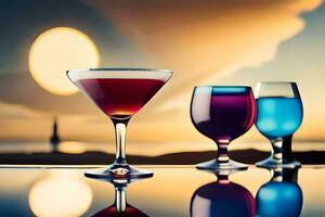 three glasses of different colored drinks on a table. AI-Generated photo