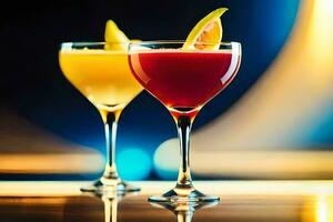 two colorful cocktails sit on a table. AI-Generated photo