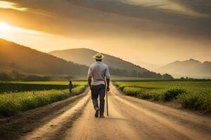 a man walking down a dirt road with a cane. AI-Generated photo